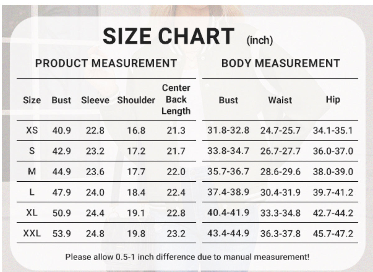 Size chart for product measurements in inches 